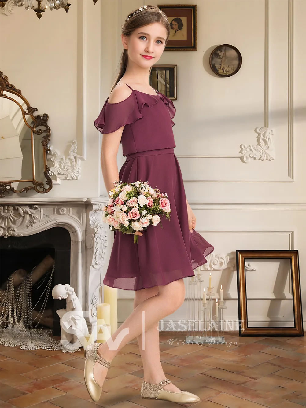 

QA A Line Cold Shoulder Junior Bridesmaid Dress Flower Girl Dress Chiffon Knee Length Spaghetti Straps Bow Wedding Party Dress