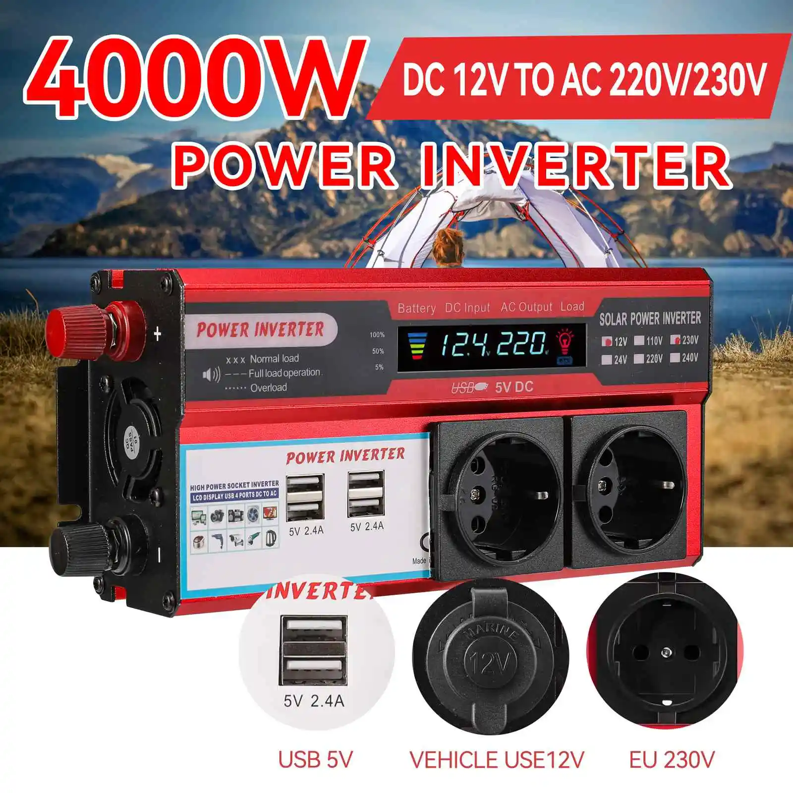 4000W Pure Sine Wave Power Inverter DC 12V To AC 220V 230V Transformer with 4 USB EU Socket Charge with LED Display