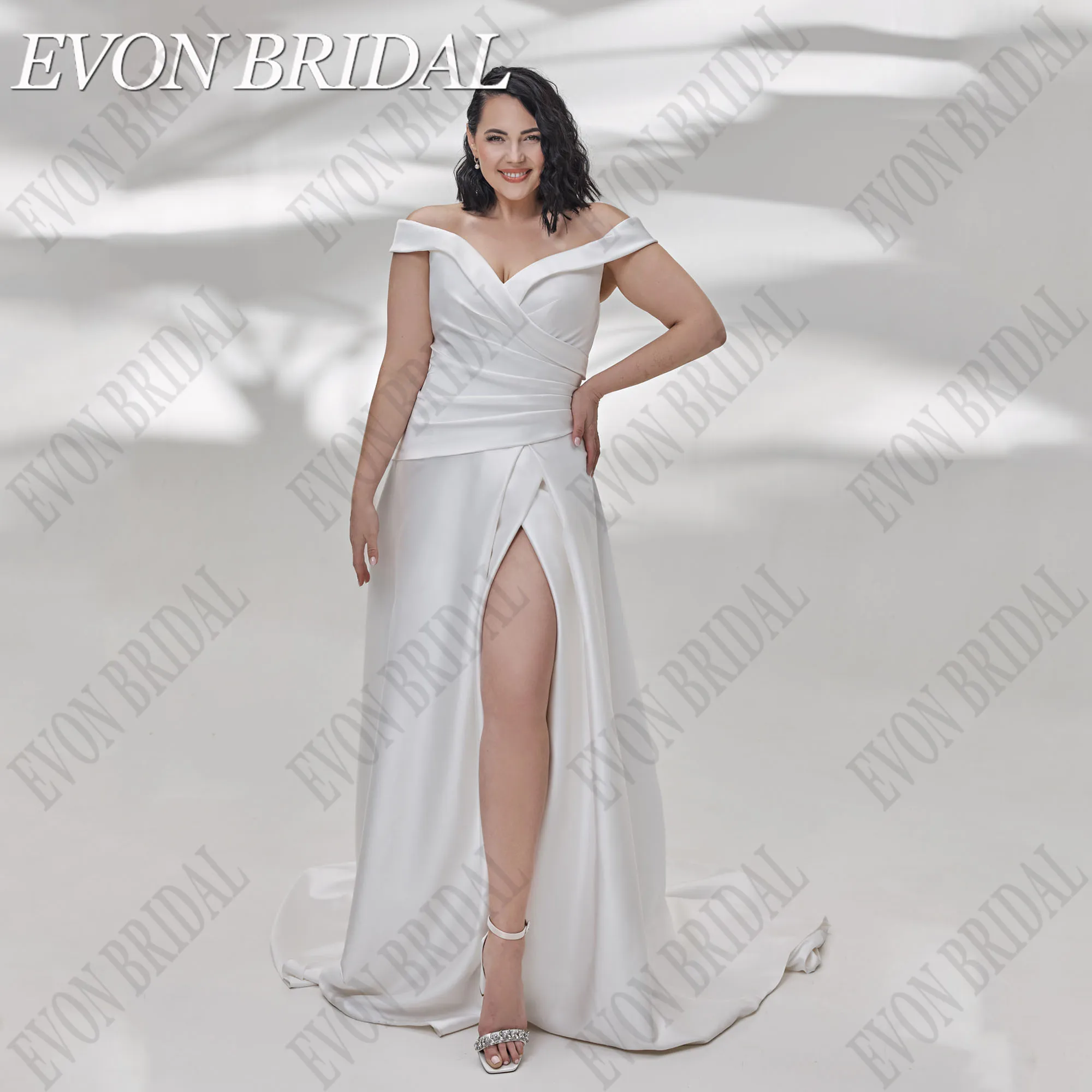 

EVON BRIDAL Mermaid Satin Wedding Dress Plus Size Side Spit V-Neck Bride Gowns Off Shoulder Wedding Gowns Button Customized