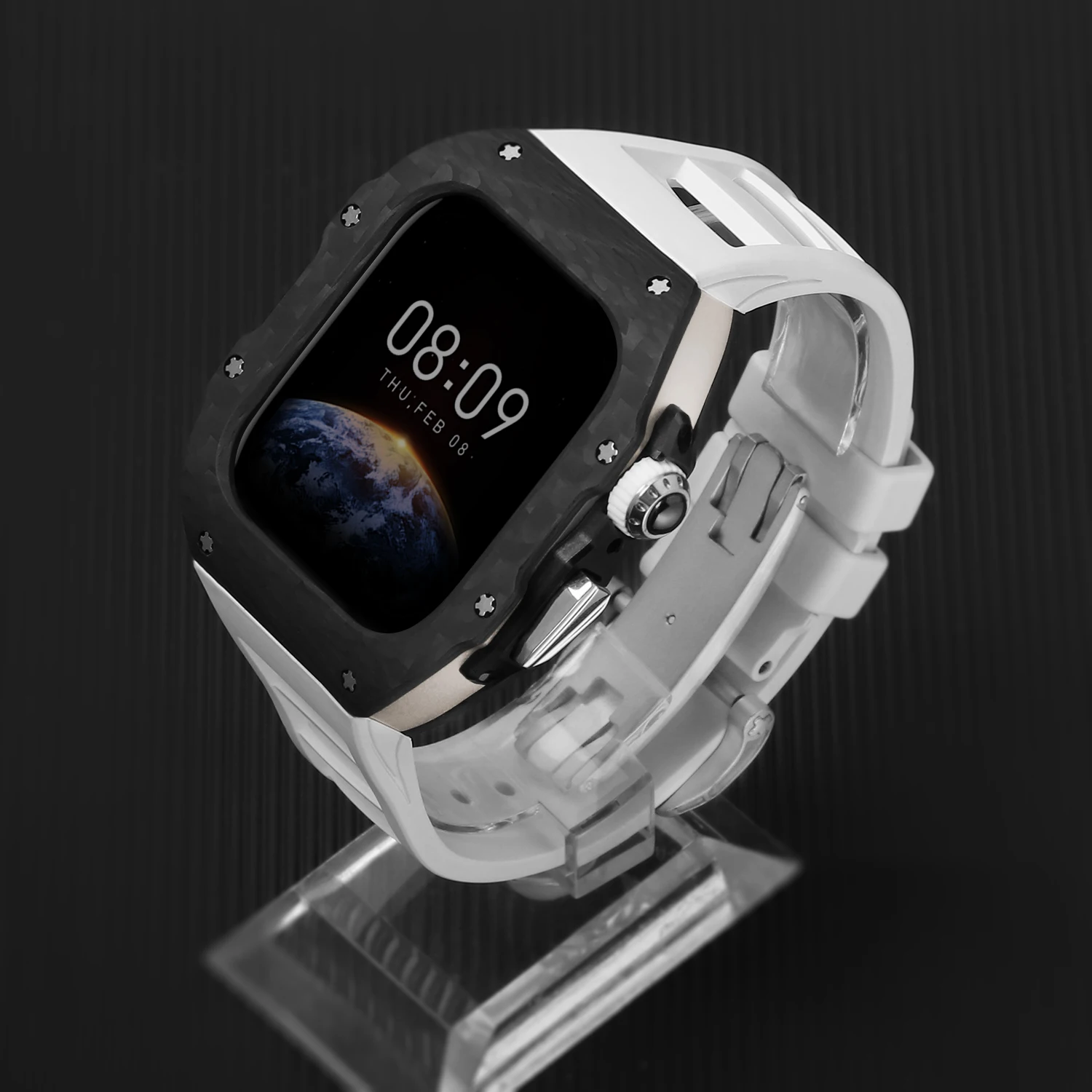 Popular mutiple colors and sizes silver center frame watch cover with carbon fiber fluororubber strap for iWatch S10 cases