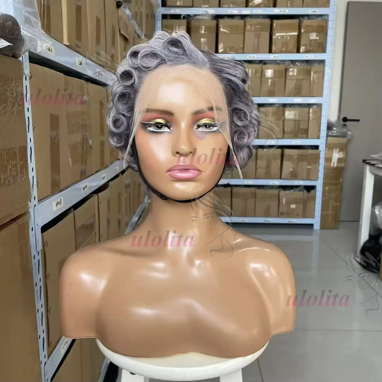 Salz- und Pfeffergrau gelockte Echthaarperücken für schwarze Frauen 13x4 kleberlose graue Echthaarperücke Rose gelockte Pixie-Cut-Perücke Echthaar – Detail 2