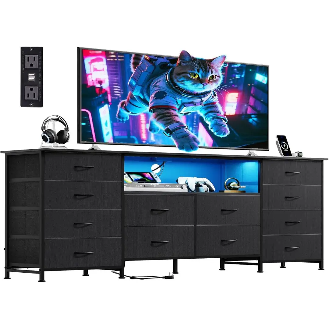 LED Dresser TV Stand for 75 Inch TV, 12 Drawers, Black