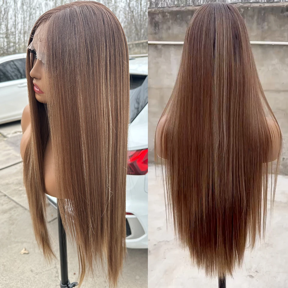 Perucas frontais de renda reta 30 "bio sintético pré arrancadas com cabelo de bebê suíço transparente perucas longas de renda perucas dianteiras retas