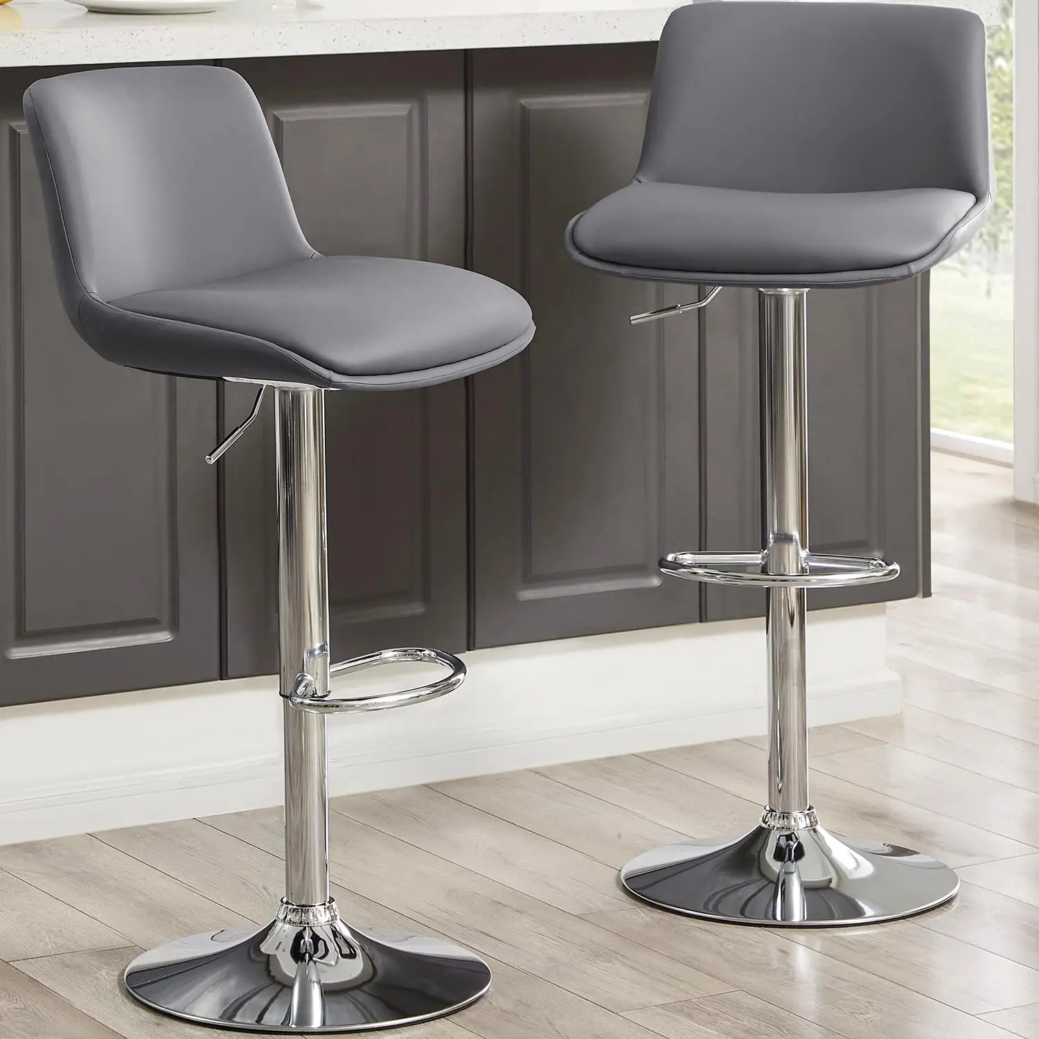 

Bar Stools,Modern Upholstered Swivel Stool with Back for Bar and Counter Height, Adjustable Height 24" to 34",Set of 2