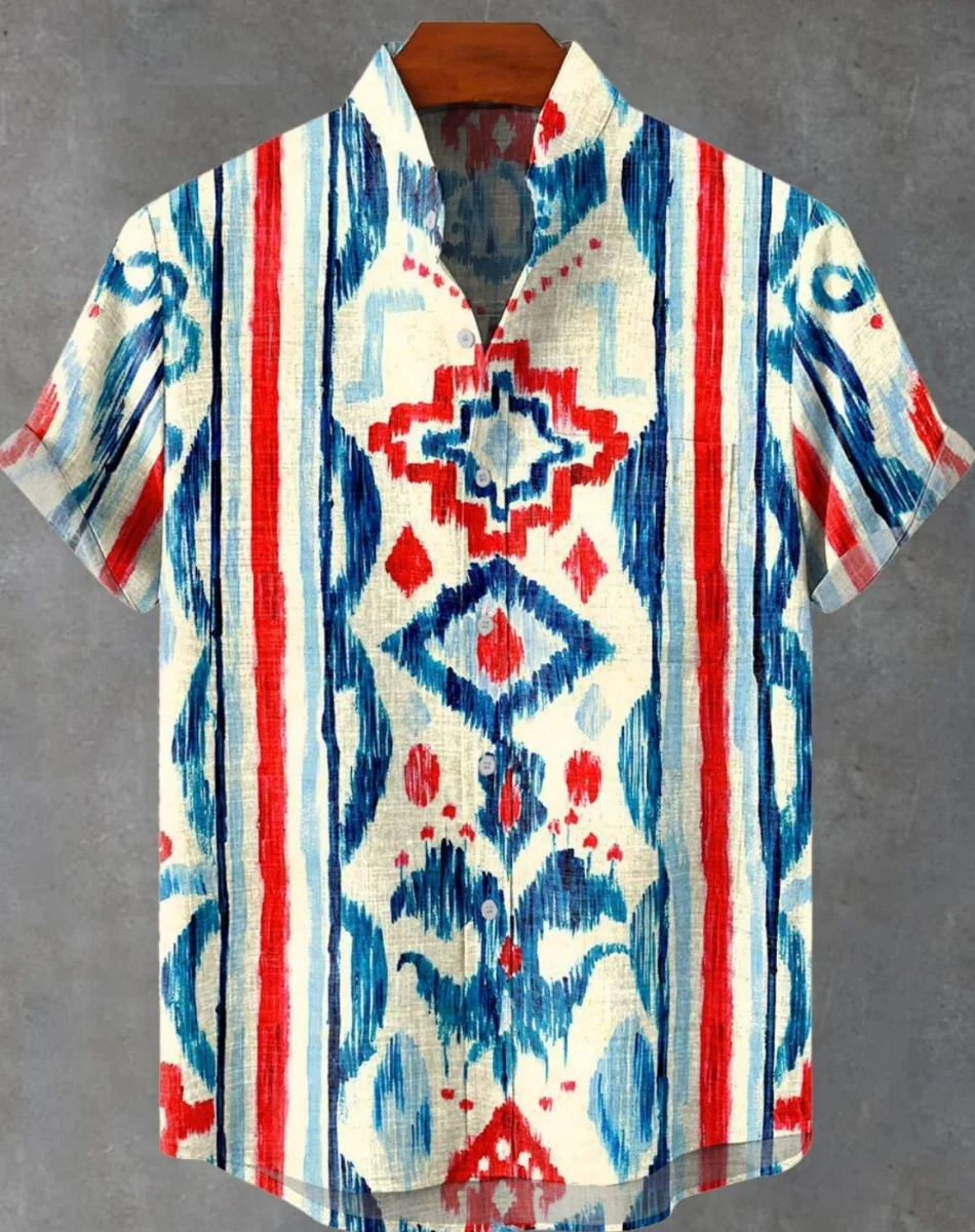 男性用リネンカジュアルシャツ、ボタン付きトップ、半袖、プリント柄、フェスティバルスタイル、ヴィンテージスタイル