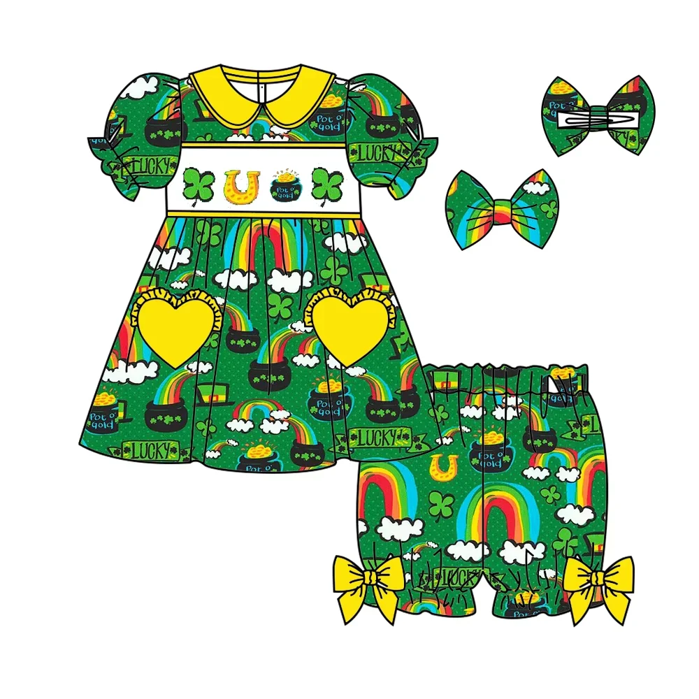 Wholeasle St. Patrick Kids Clothing Green Short-Sleeve Rainbow Coin Boys and Girls Outfits Boutique St. Patrick Kids Pajamas