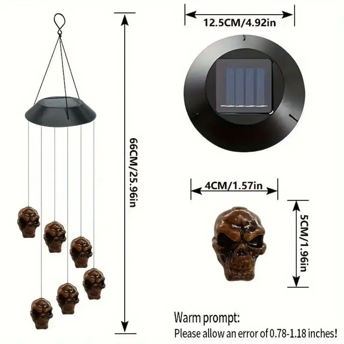 Único vento solar carrilhão decoração, cobre e plástico crânio cabeça, 6 mudança de cor LED string luzes, fácil de instalar, 1pc