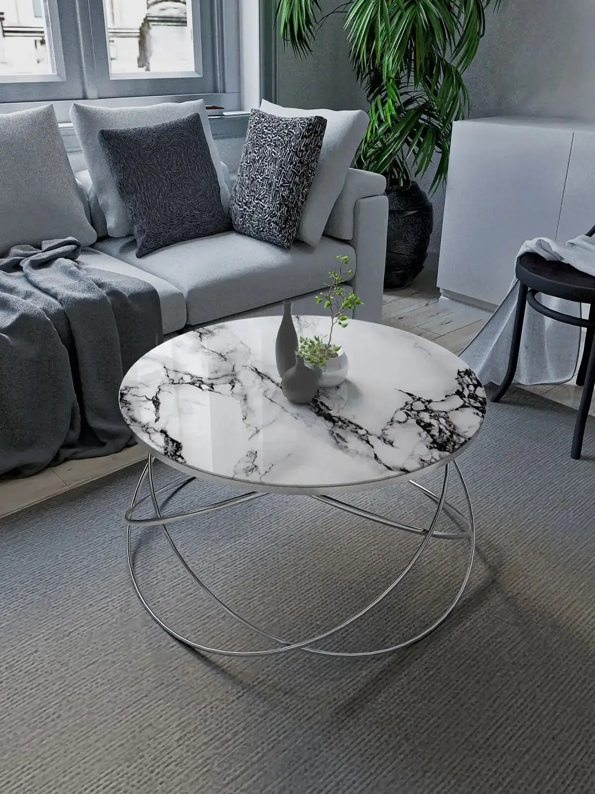 Modern Design Glass Coffee Table Furniture Tea Coffee Serving Table Planet Coffee Table Silver Leg, White Marble Patterned Glass