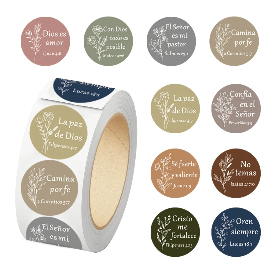 500 Pcs Spanish Bible Verse Stickers Roll, Minimalist Neutral Tone Faith Labels with Botanical Design for Packaging