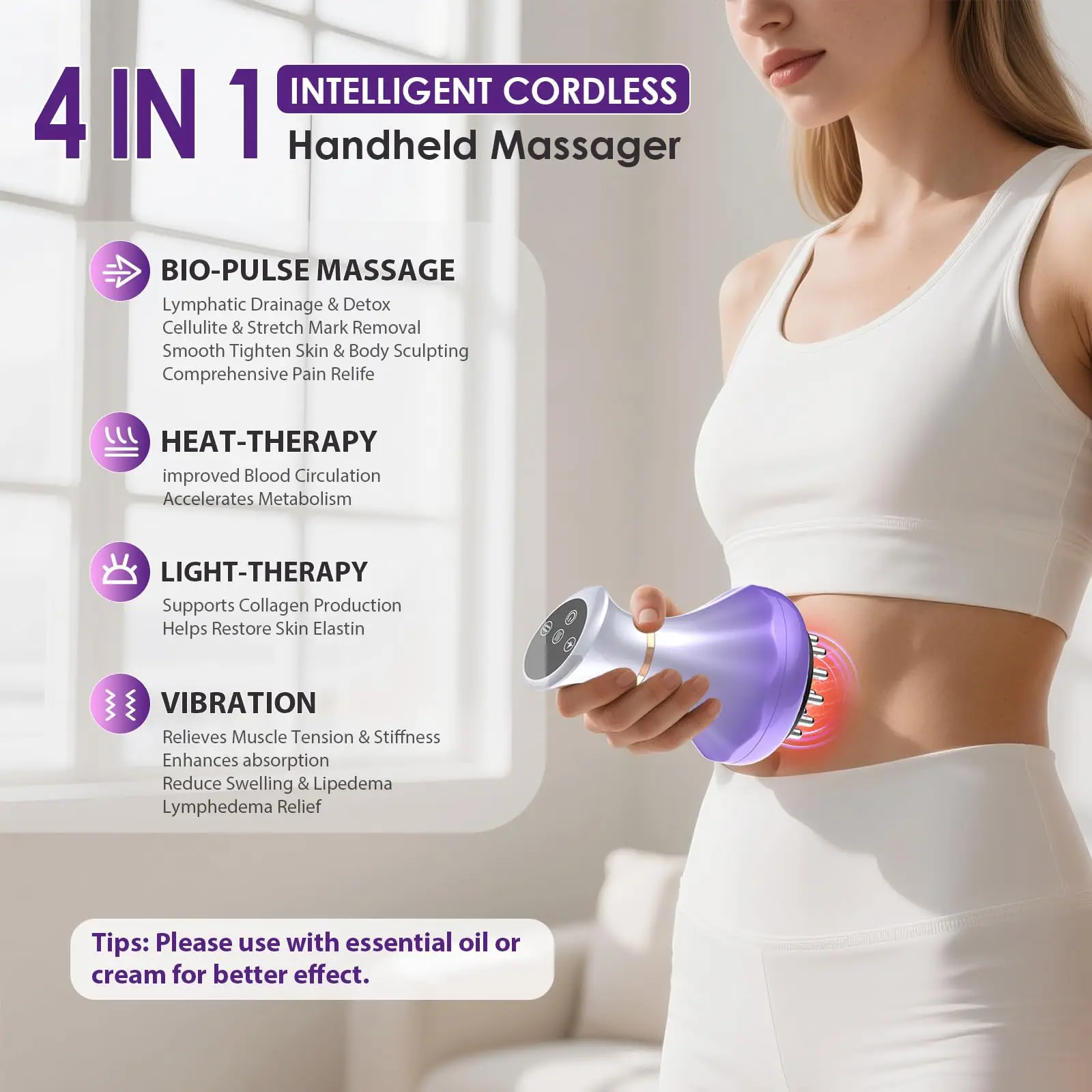 Body Sculpting Massager 4in 1 Electric Cellulite Remover Tool Portable Lymphatic Drainage Device for Fat Burning Skin Tightening