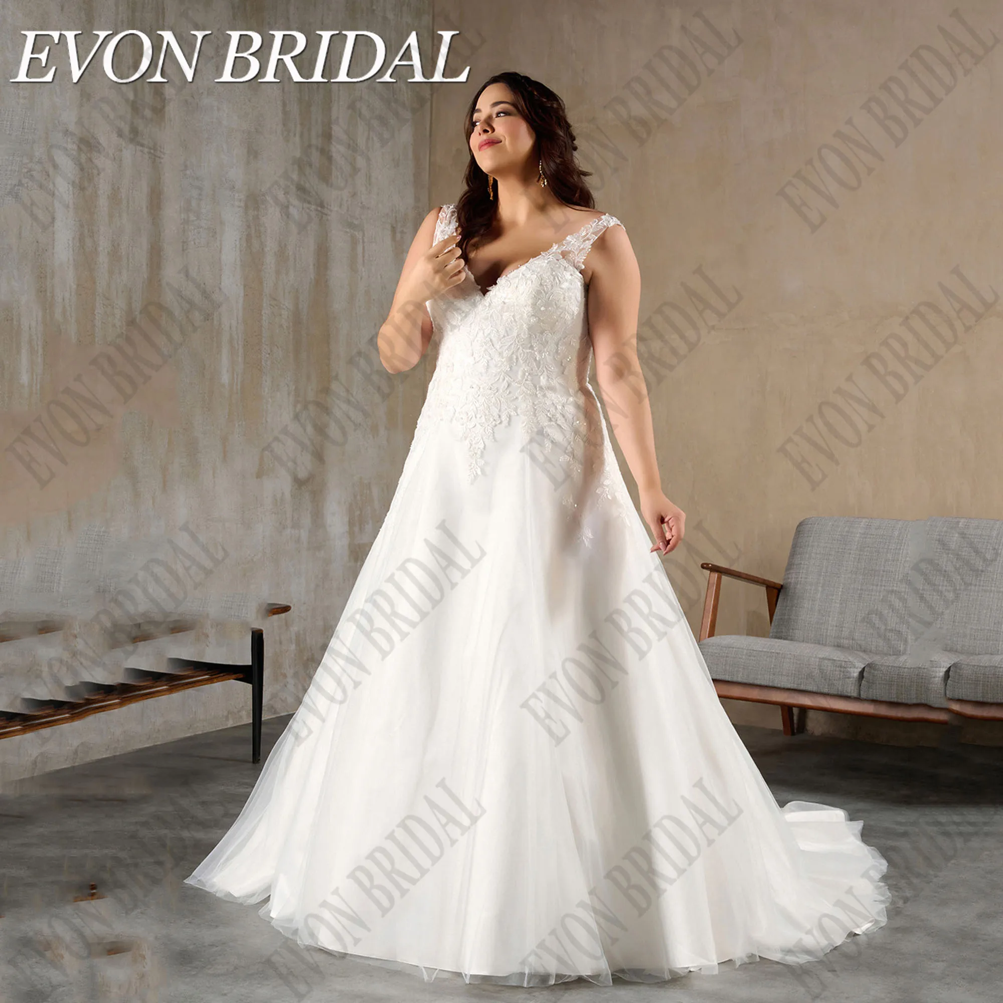 

EVON BRIDAL Customized Gorgeous Wedding Dress Plus Size Women Sleeveless Applique V-Neck Lace Corset Bridal Gown Robe De Mariee