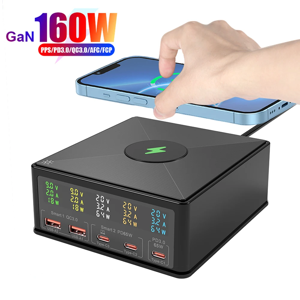 

160W Universal Multi GaN Wireless Charger Station QC3.0 USB Type C PD Fast Charging Carregador For iPhone Samsung Laptop XIAOMI