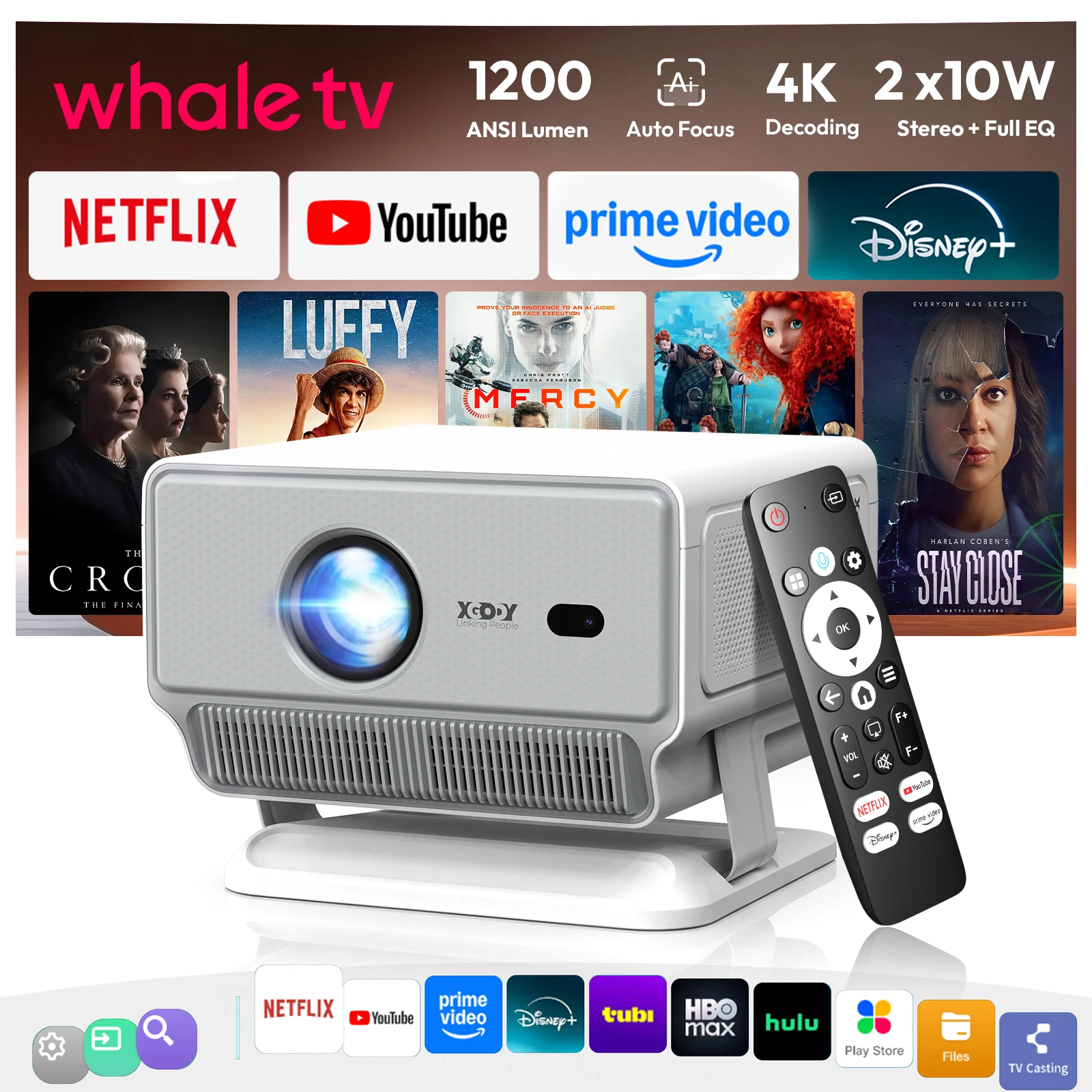 XGODY 4K projector with 1,200 ANSI lumens, Whale TV smart system (Netflix-certified), auto‑focus and 4D keystone correction, Wi‑Fi 6 and Bluetooth 5.4, Dolby Audio, compatible with TV sticks, PS5, and smartphones for home theater and outdoor movies