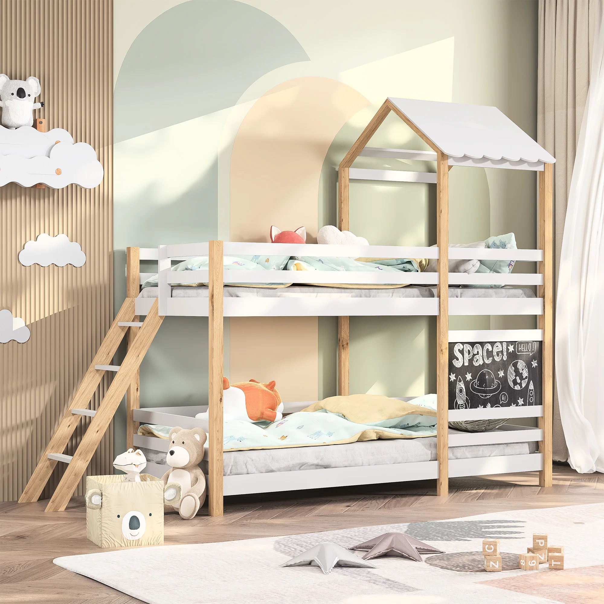 90x200cm Double bed with stairs and blackboard, bed with fence, bed with children's Roof Design, loft bed for children - white