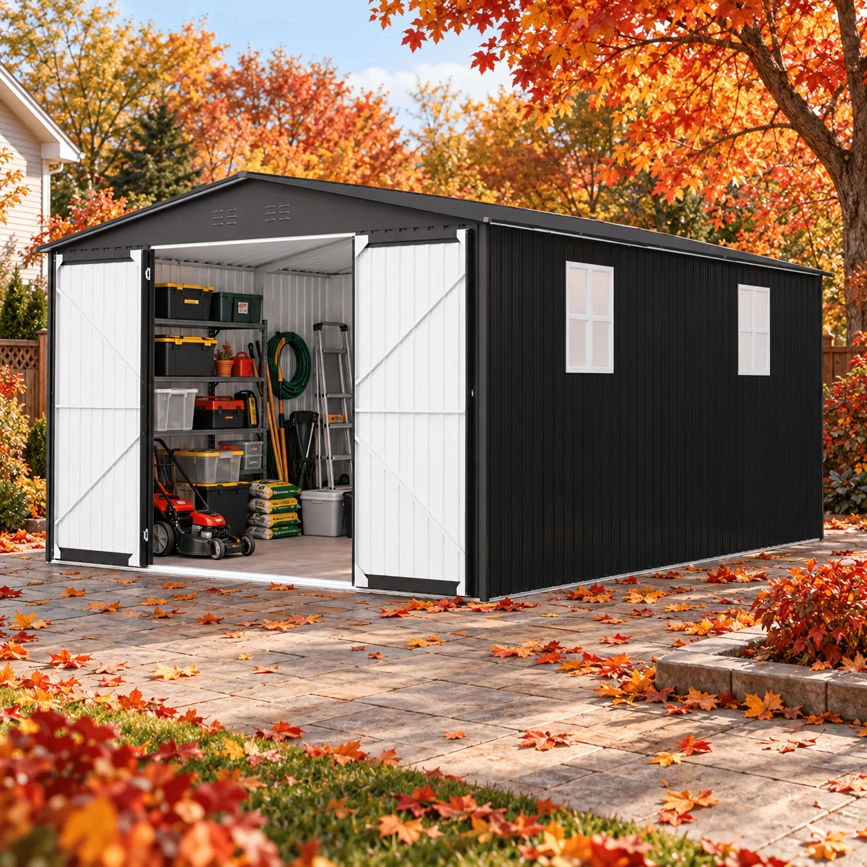 12 Ft. X 20 Ft. Outdoor Metal Storage Shed With Sloped Roof And Lockable Doors, Black
