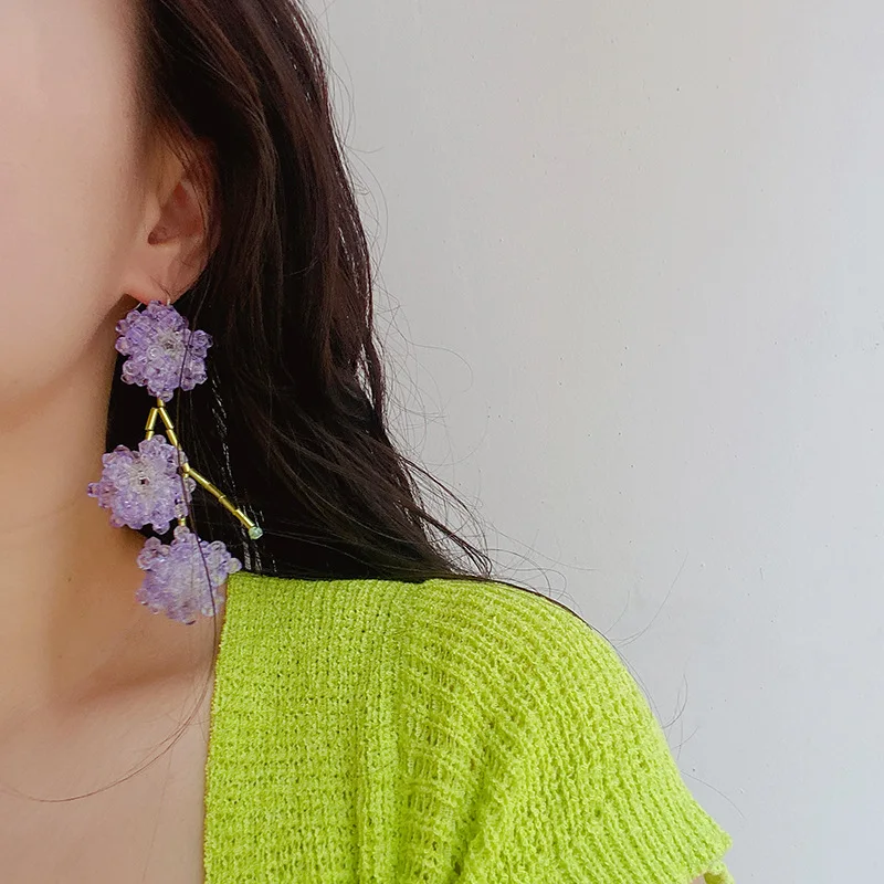 HangZhi 2022 New Lovely Purple Crystal Flowers Earrings  Fashion Charm Creative Earrings for Women Girls Jewelry Accessories