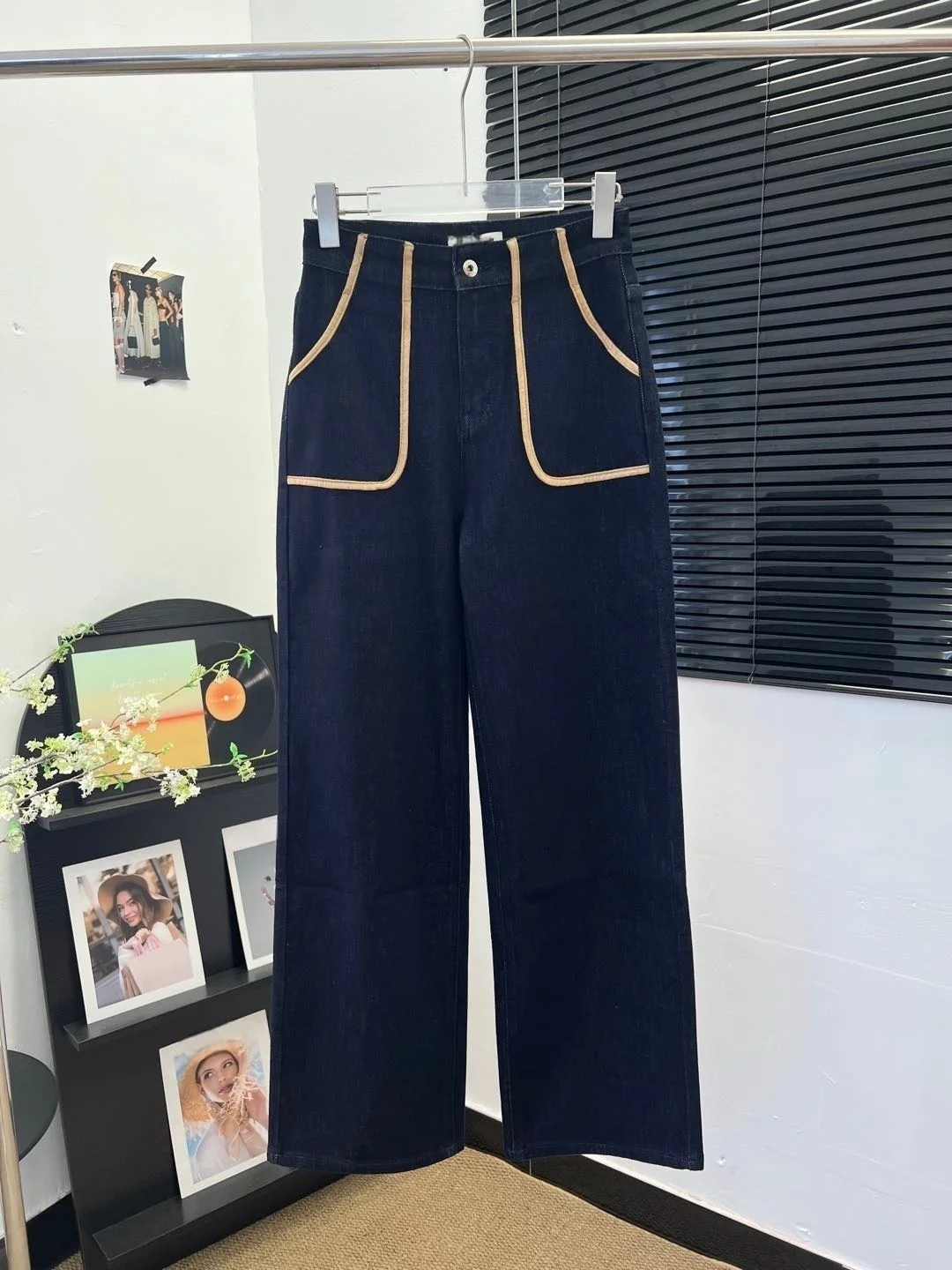 

Women's Navy Denim Wide - Leg Pants with Brown Taping - Stylish Detail for Elevated Look, Seasonless Essential Bottoms