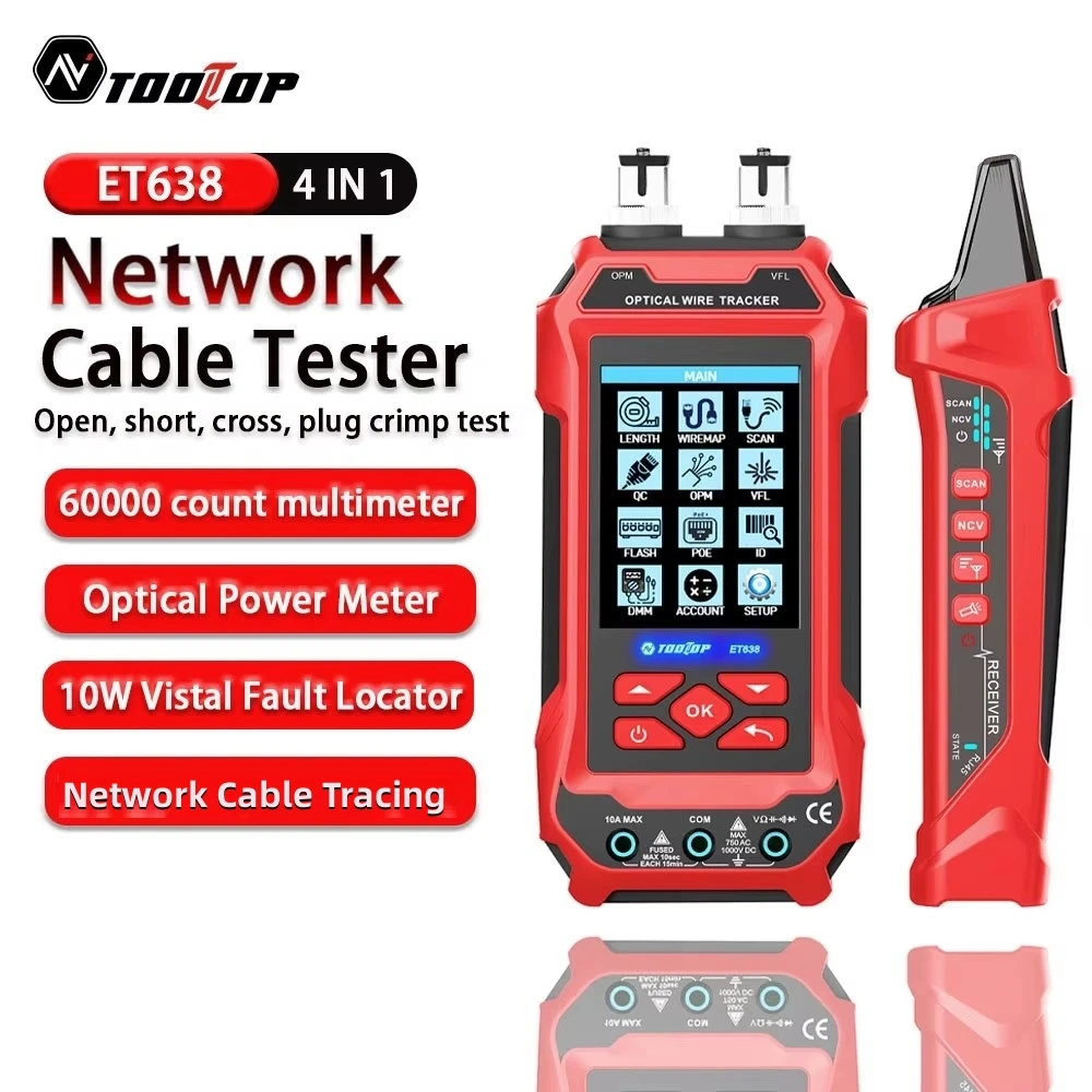 TOOLTOP ET638 Ethernet Cable Tester Multimeter Optical Power Meter Red Laser Noise-free Cable Tracing POE Voltage QC Crimp Test