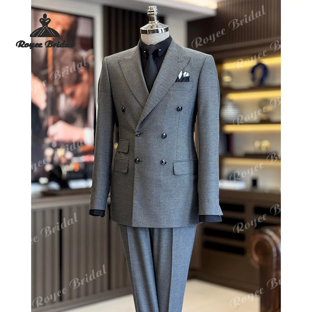 

Серый мужской костюм в тонкую полоску с пиковыми лацканами, свадебный костюм 2026, двубортный деловой костюм из двух предметов, костюм homme mariage
