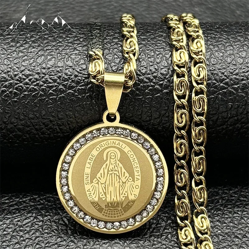 Hip Hop Virgin Mary Medal Wisiorek Naszyjnik dla kobiet Mężczyźni Stal nierdzewna Złoty / srebrny kolor Rhinestone Chrześcijańska biżuteria łańcuszkowa — zdjęcie 2