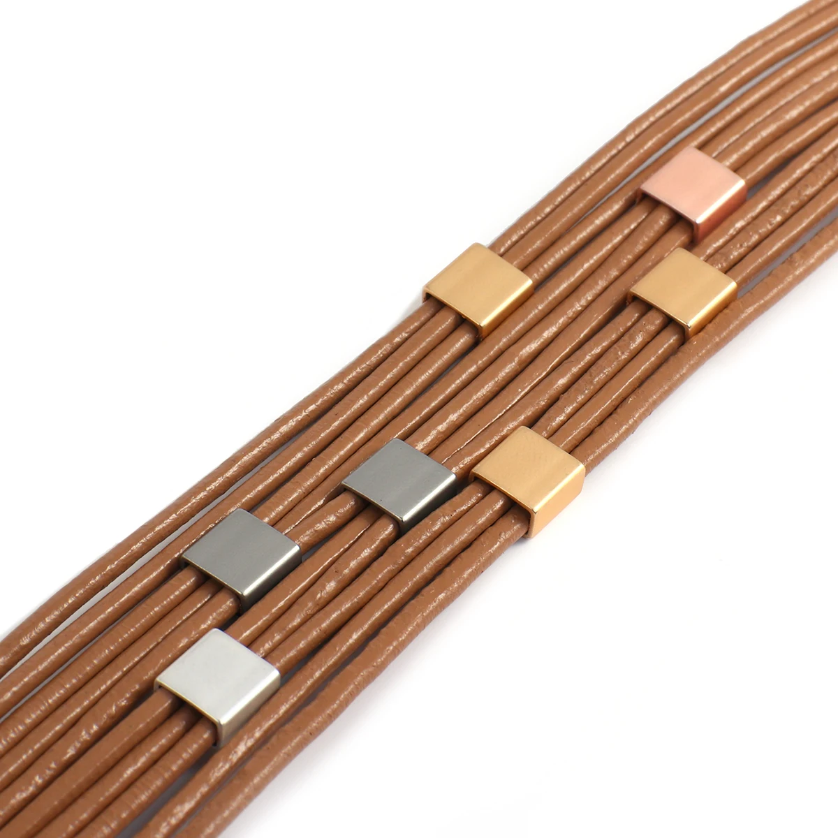 Amorcome Fashion Metal Sqaure Tube Charm Bracelets Mulilayer Genuine Leather Wide Wrap Bracelet Magnetic Clasp Female Jewelry