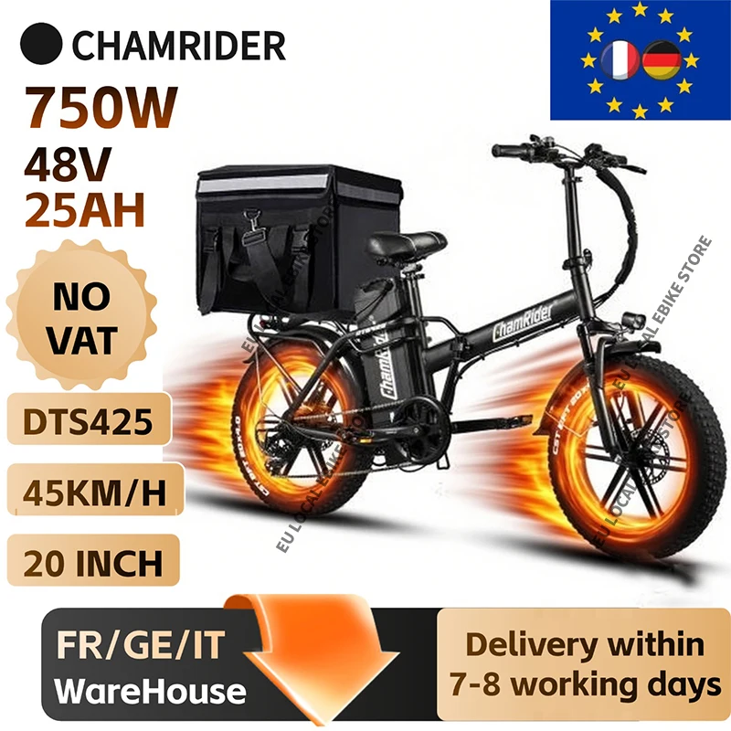 Vélo électrique ChamRider DTS425 avec batterie 48V25AH et moteur 750W, idéal pour la livraison de nourriture en Europe avec une autonomie de 125 km