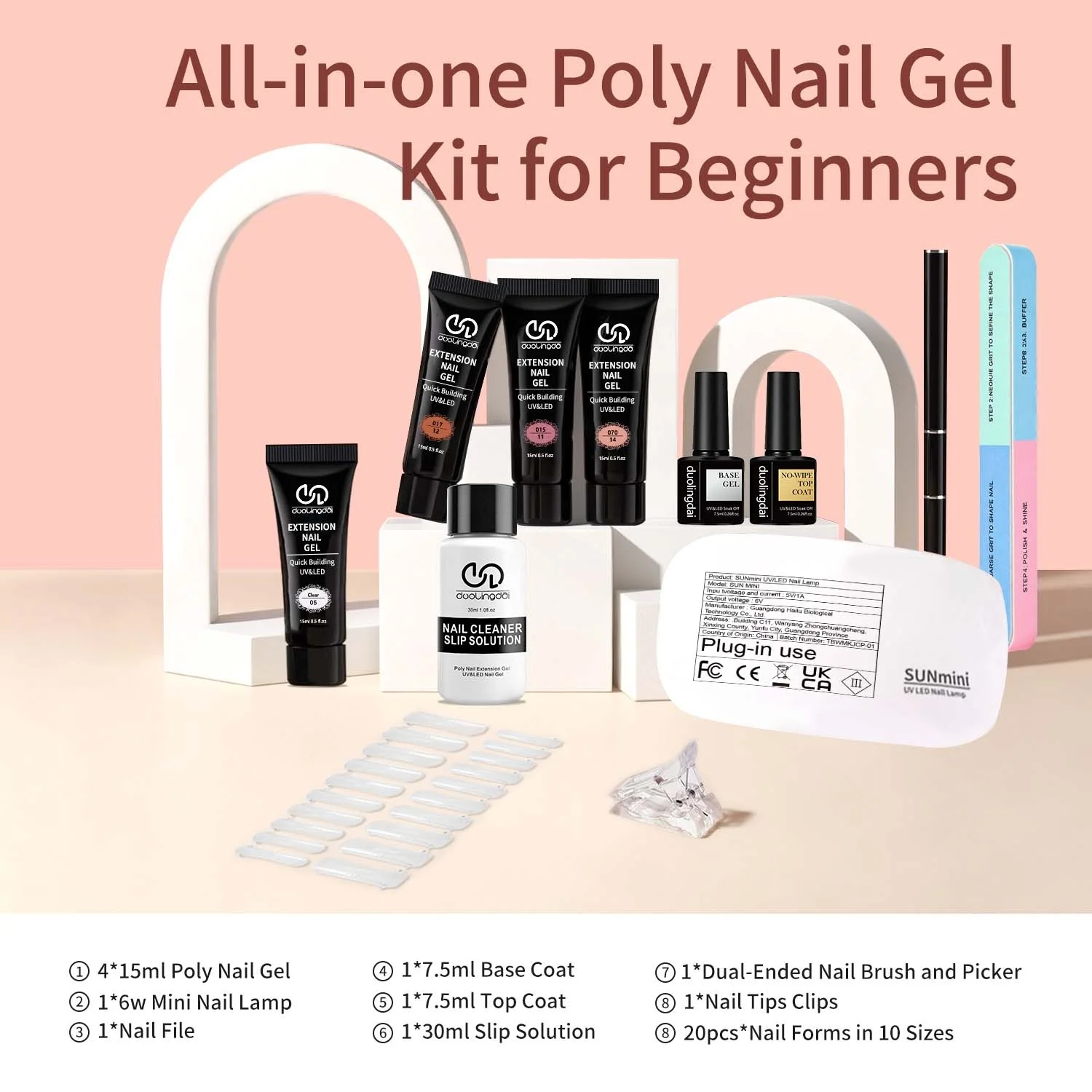 DOULINGDAI 4-Color Duolingdai Nail Extension Gel Set, Clear Pink White Brown Hiborges, with Mini Nail Light and Essential Tools