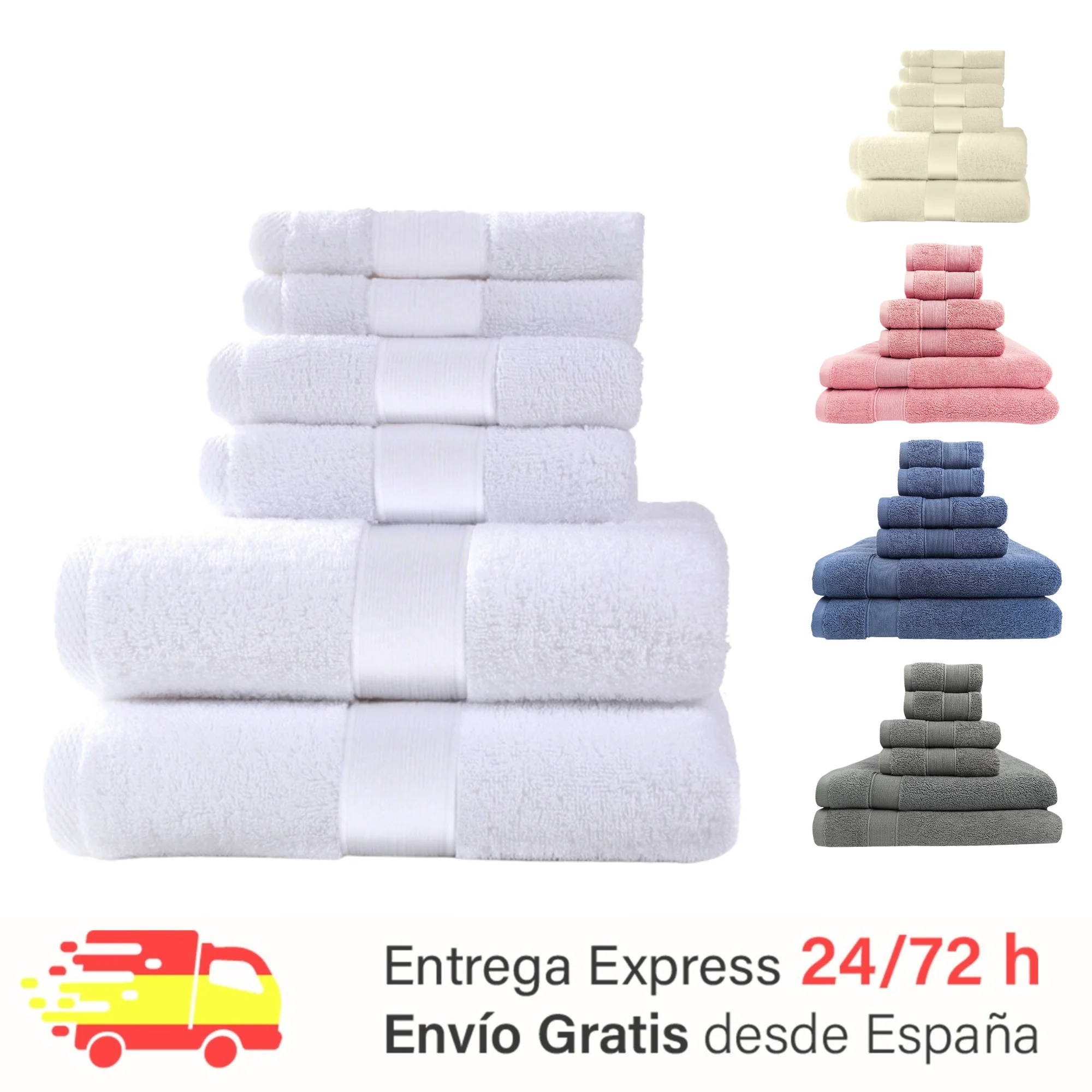 Set of 6 bath towels. Towels 100% soft and absorbent cotton bath, shower, bath, sink or pool. 2 shower towels (42x70cm), 2 hand towels (73x32cm) and 2 wipes (35x35cm).