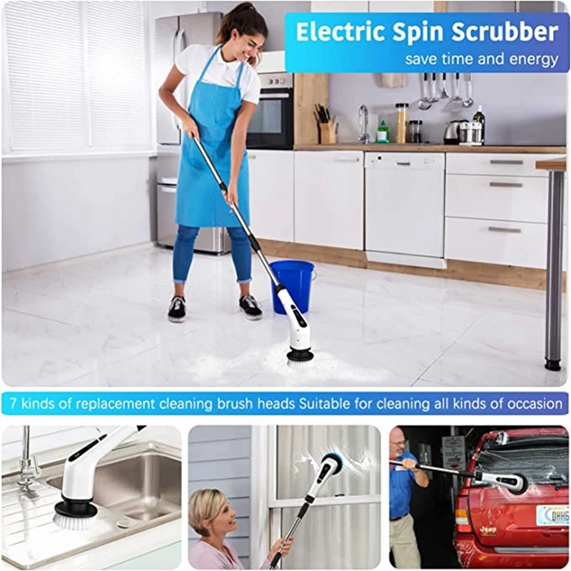 Electric Spin Scrubber Cleaning Turbo Scrub Brush with 7 Replacement Brush Heads Adjustable Handle Kitchen Bathroom Clean Tools