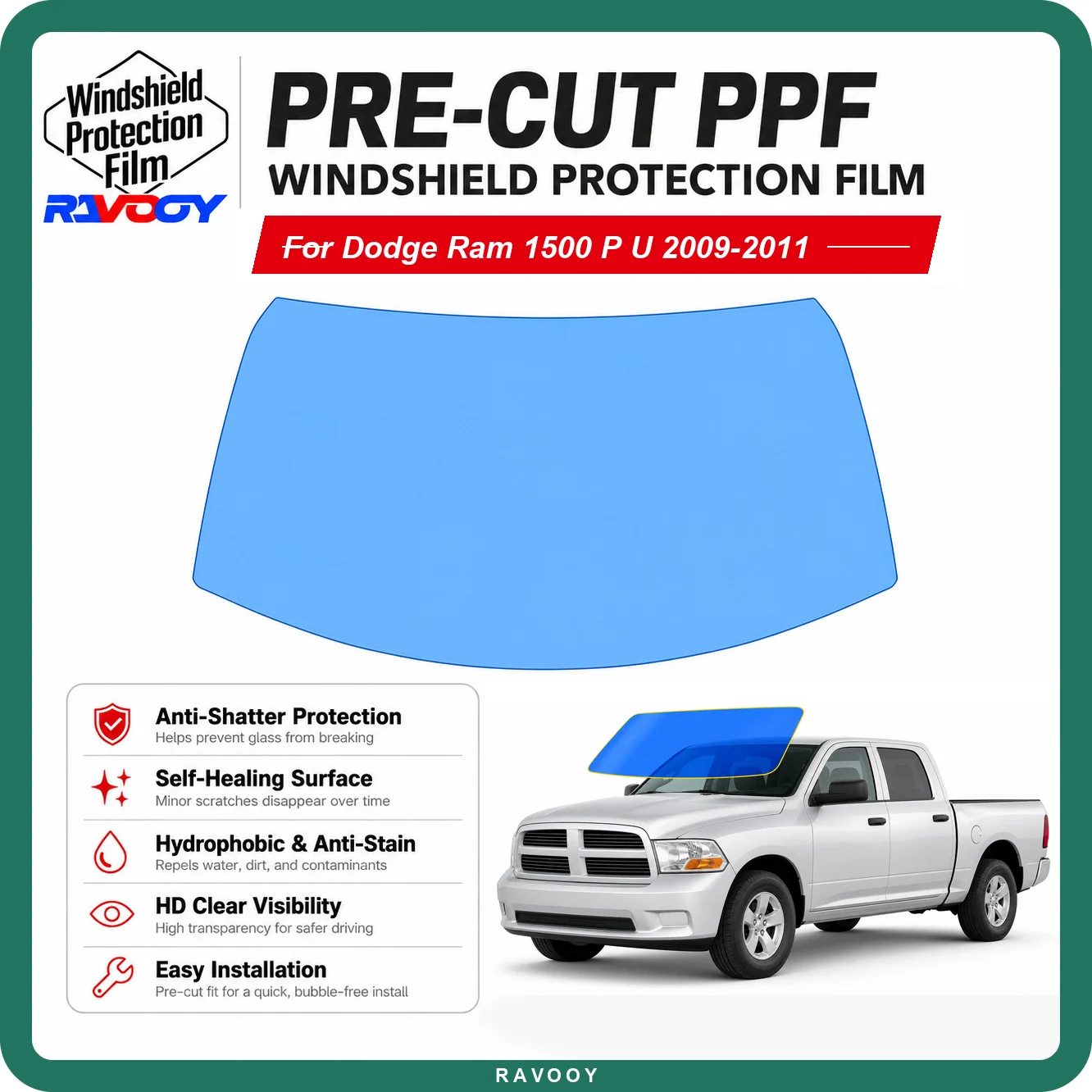RAVOOY Pre-Cut Front Windshield Protection Film For Dodge Ram 1500 P/U 2009-2011 6.5mil Clear TPU UV Blocking Hydrophobic Kit