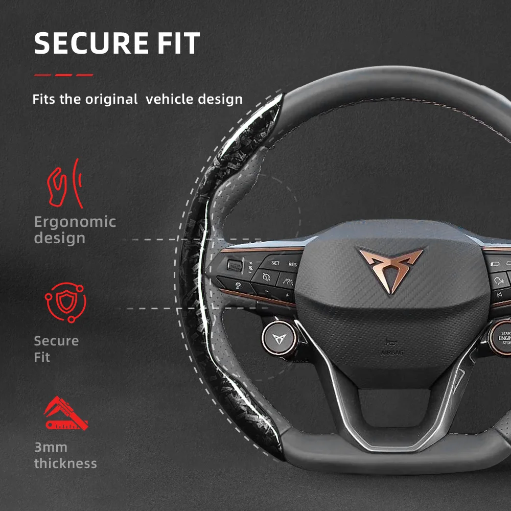 Suitable for Cupra Forged Carbon Fiber Texture Steering Wheel Cover, Protective and Durable Snap-On Quick Installation for Formentor Leon Sportstourer Born Ateca Tavascan Terramar Black Red Gold Car Accessories