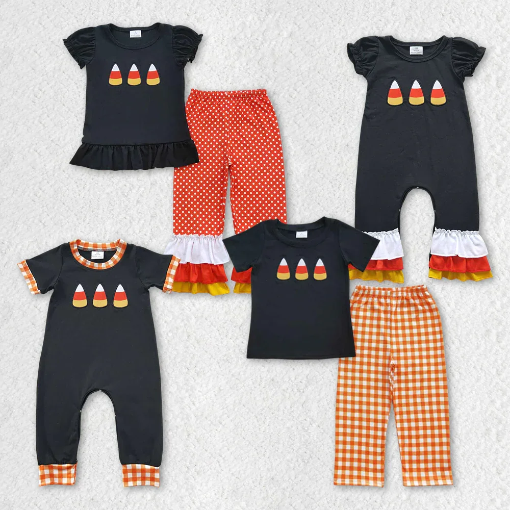 

New Fashion Match Baby Girls Halloween Candy Embroidery Rompers Outfits Sets Wholesale Boutique Children Clothes