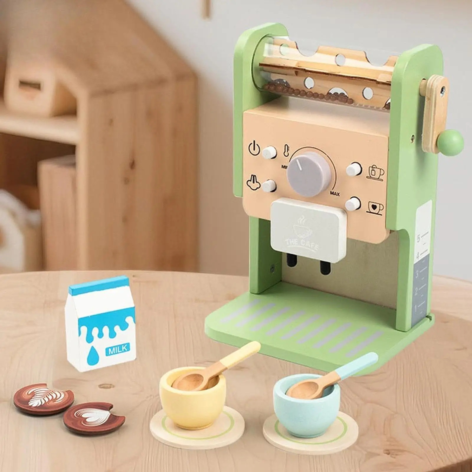 Kit de cafetière en bois pour tout-petits, avec tasses, manivelle manuelle