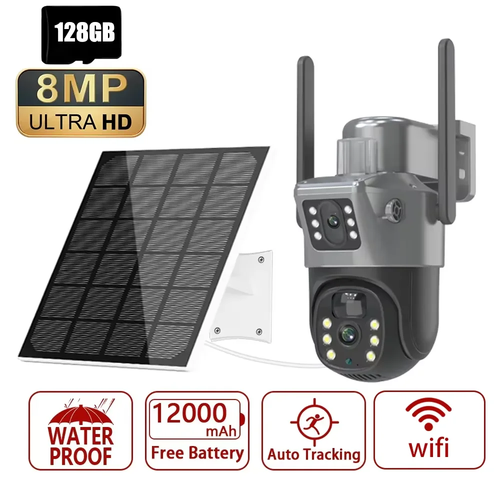 4K 8MP Dual Lens PTZ Solar Camera Dual screen PIR Human Tracking Outdoor WIFI Security CTV Surveillance IP Camera