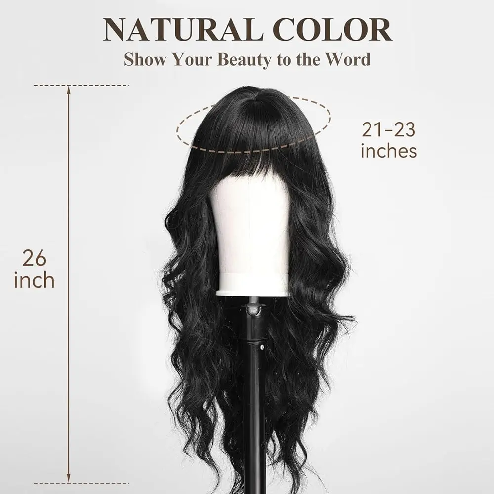 EASIHAIR Natural Black Long Body Wave Synthetic Women Wigs with Bangs Daily Cosplay Afro Brazilian Women Hair Wig Heat Resistant