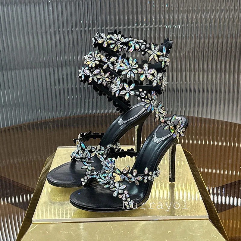 Sandals Women Real Leather Narrow Band Summer Flower Rhinestone Ankle Strap Thin High Heels Sandalias Wedding Party Dress Shoes view 5