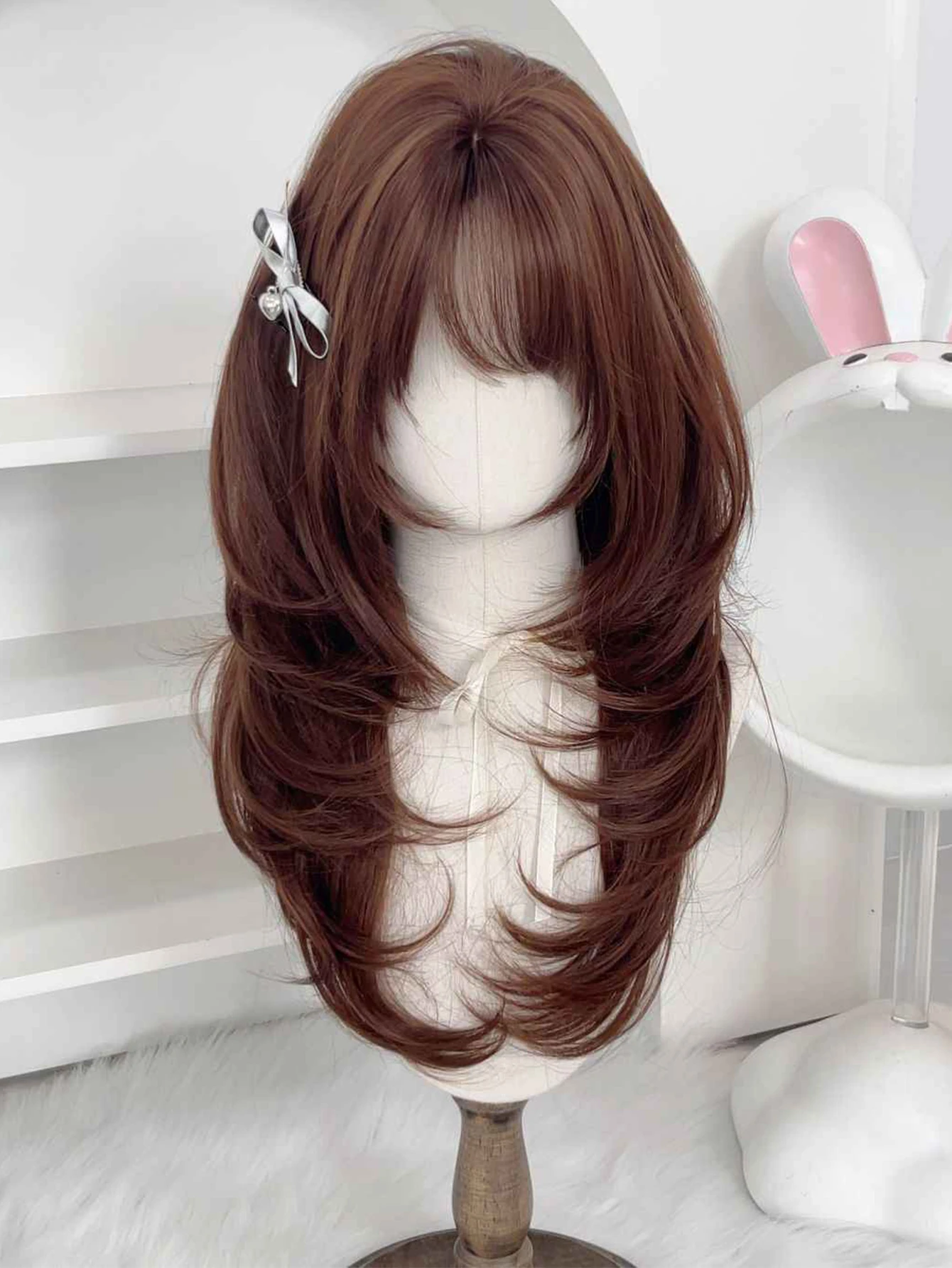 Synthetic Wig Long Straight Layered Wig Brown 26 Inch Wig With Bangs Daily Women Party Cosplay Wig Fashion Heat Resistant Wig