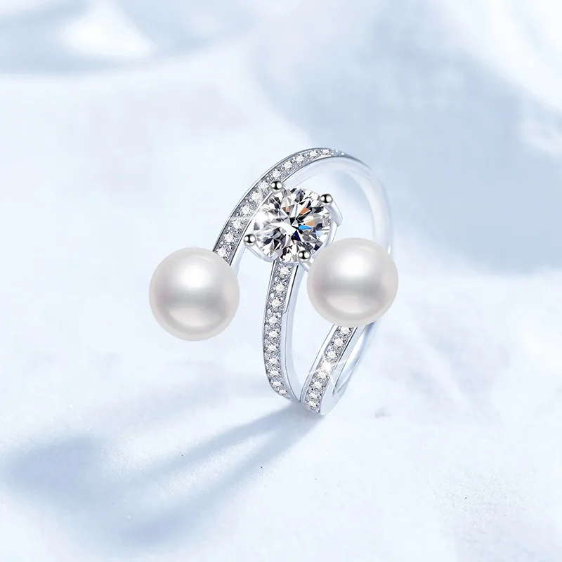 

S925 Sterling Silver Ring with Moissanite and Freshwater Pearl Adjustable Size Dainty Jewelry Gift for Women