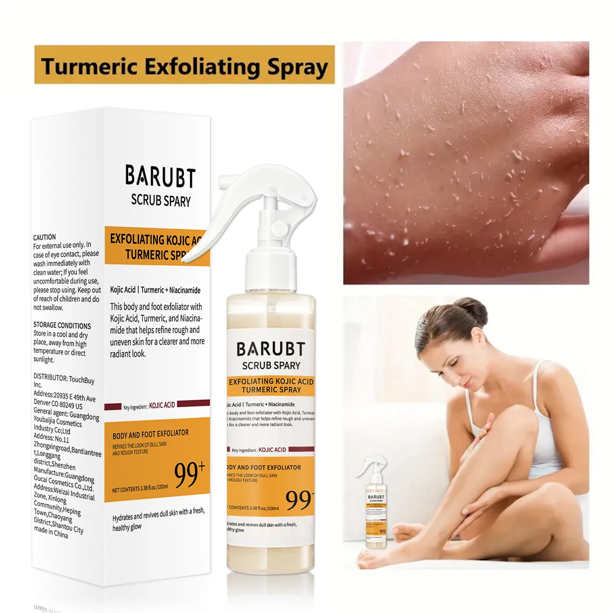 El spray exfoliante de cúrcuma y ácido kójico ayuda a mejorar la piel áspera y desigual, dejándola con un aspecto más claro y radiante.