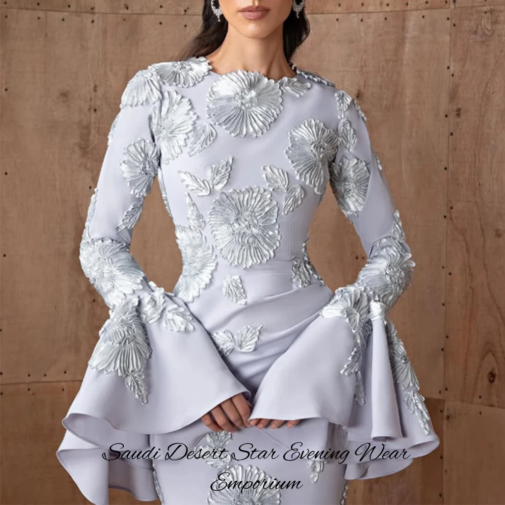 Customized Exquisite 3D Flowers Celebrity Gowns Delicate Mermaid Long Sleeves Evening Dress Elegant O-Neck Jersey Robe de soirée