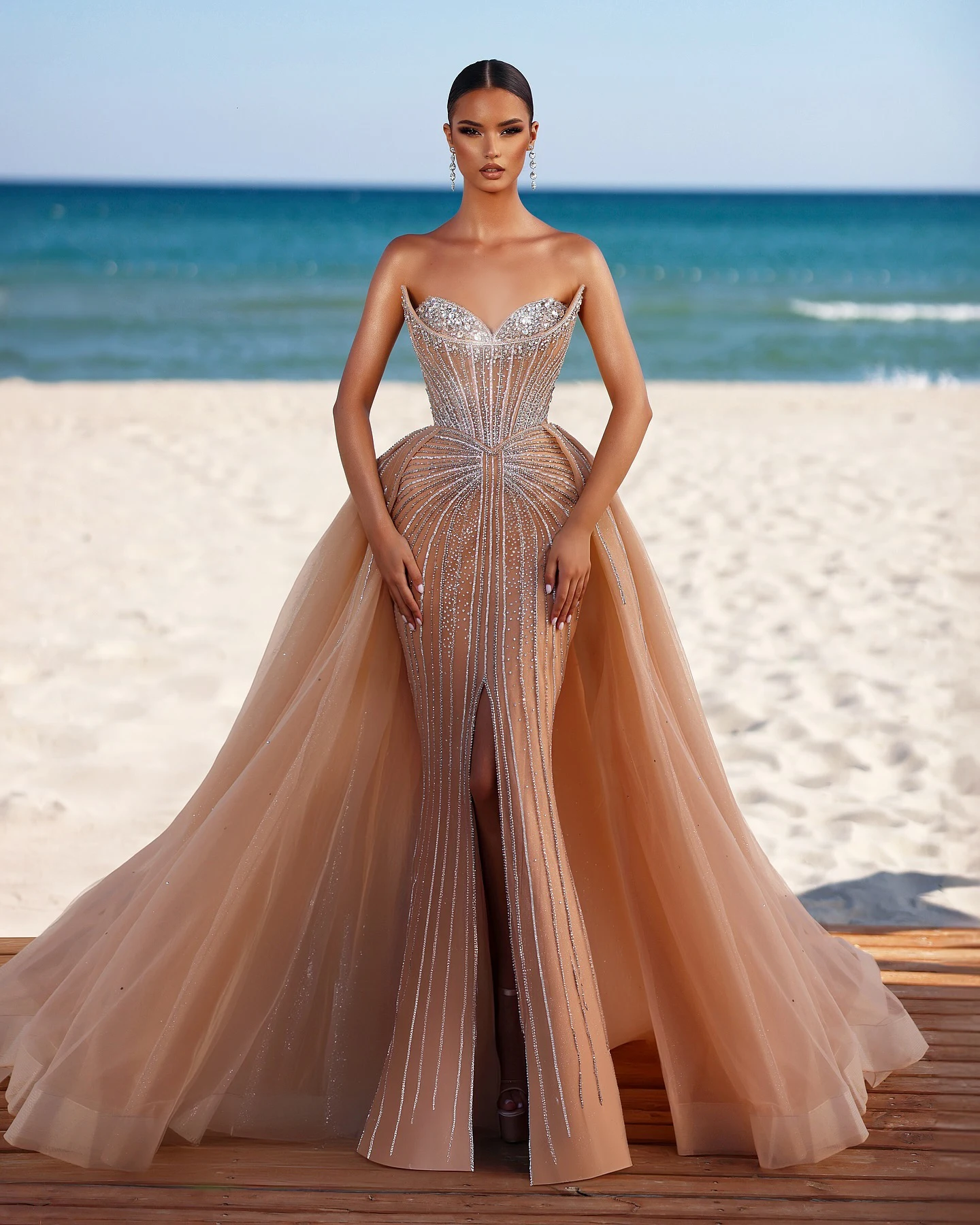 

Sharon Said Luxury Dubai Sweetheart Champagne Sparkle Evening Dress with Overskirt Arabic Wedding Party Gowns SS360 Customized