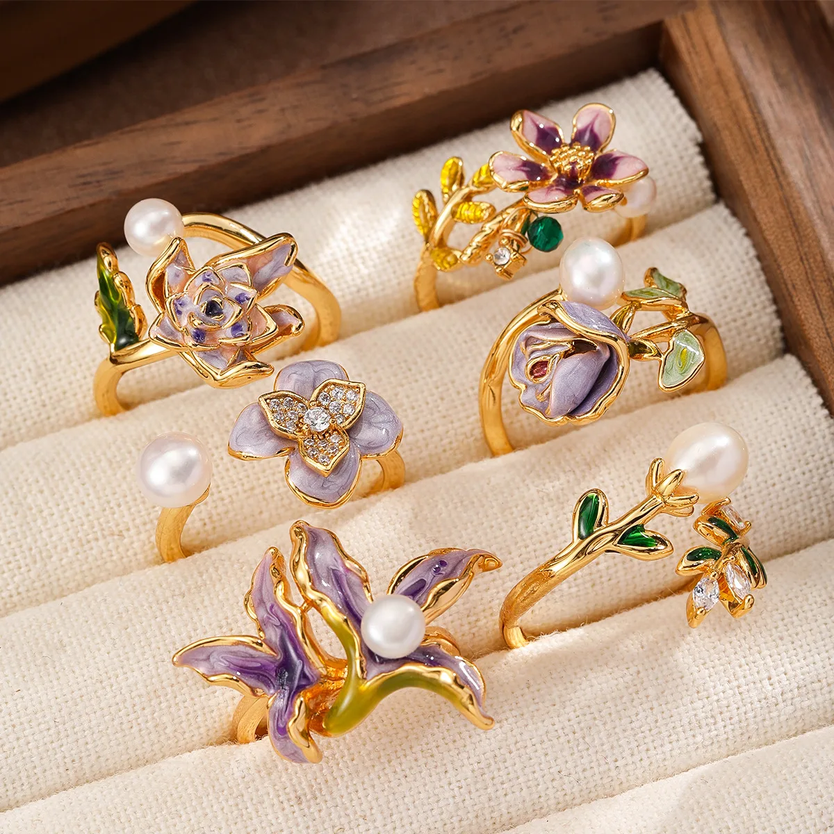 

Floral Drip Glaze Natural Pearl Ring Women Hand Painted Vintage Copper Plated 18K Golden High Quality Adjustable Jewellery