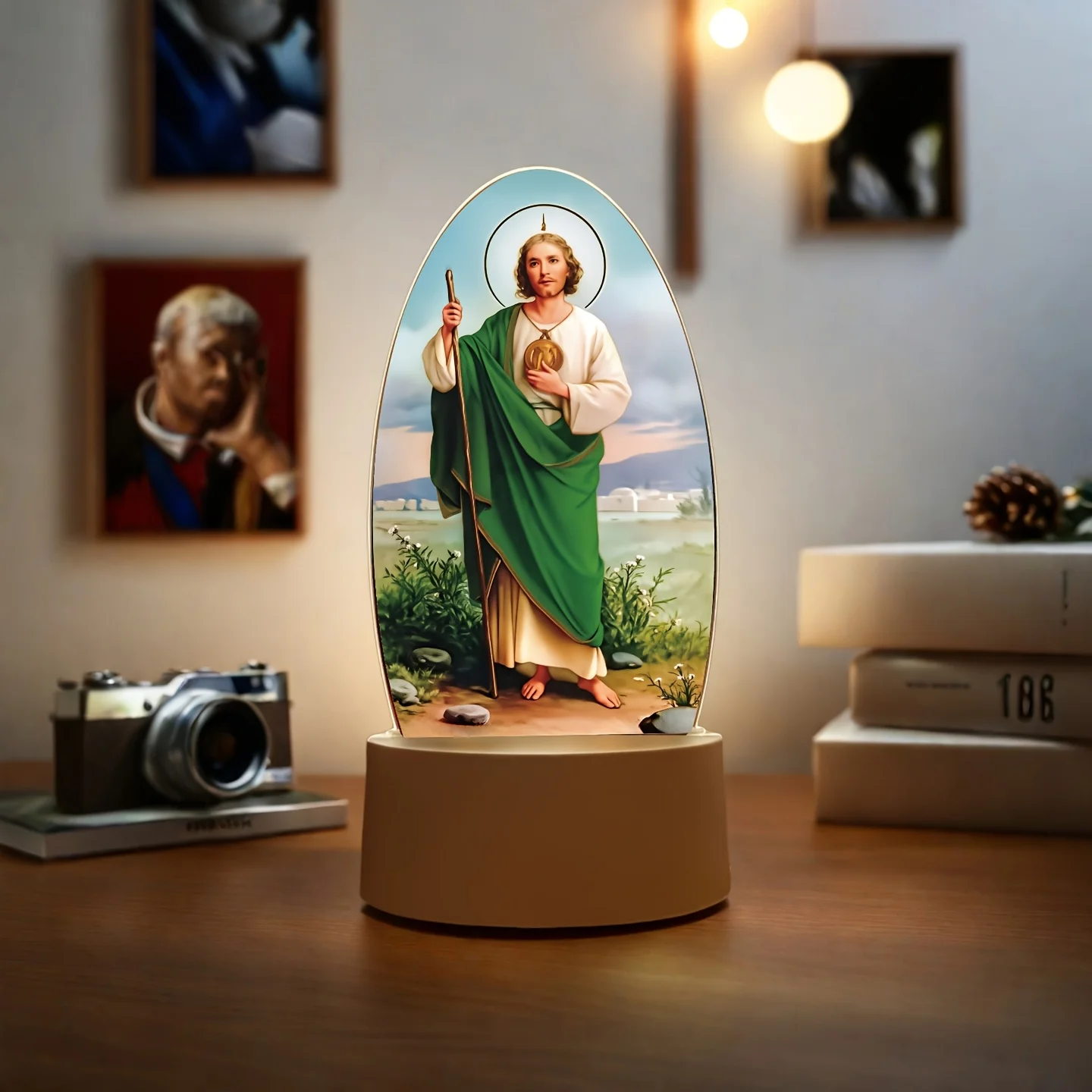 St. Jude Decorative Crystal Night Light, Light-Up Acrylic Ornament, Religious Home Decor Lamp, St. Jude Traditional Attire