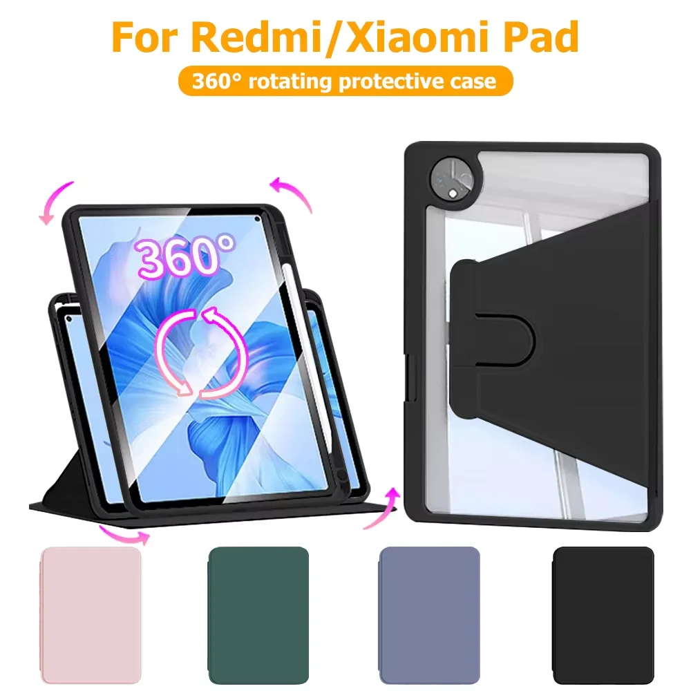 Drehbare Hülle für Xiaomi Pad 6 7 8 Pro mit Stifthalter, 360-Grad-Rotationsständer, transparente Rückseite für Redmi Pad 2 SE