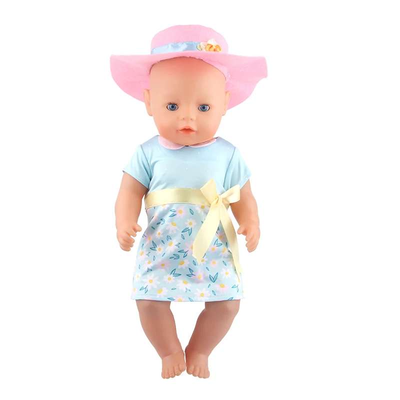 Jurk + Hoed Pop Kleding Set Voor 43 Cm Baby Pasgeboren Pop Daisy Bloem Rok Out Fit Voor 18 inch Amerian En Generatie Meisje Pop