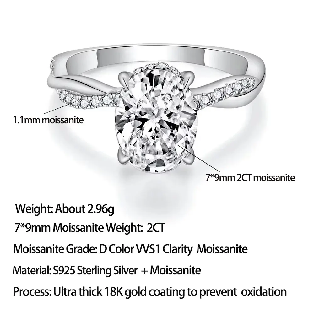 Pretty Beauty 2CT Oval Moissanite Engagement Ring for Women Infinity Twist Pave Set S925 Silver Hypoallergenic Wedding Jewelry