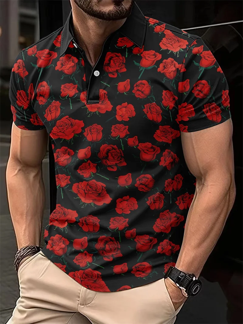 New Trend Polo Shirt 3d Flower Pattern Print Summer Street Fashion Lapel Button Top Casual Breathable Stretch Fabric