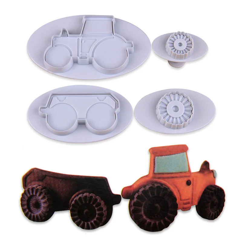 Plastic 4pcs Tractor Cookie Plunger Cutters Cake Decoration Fondant Molds Set HB1040