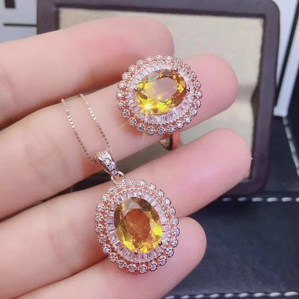 

Boutique Jewelry 925 Pure Silver Natural Yellow Crystal 8x10mm Gemstone Women's Pendant Ring Set Rose Gold Gemstone Style Party