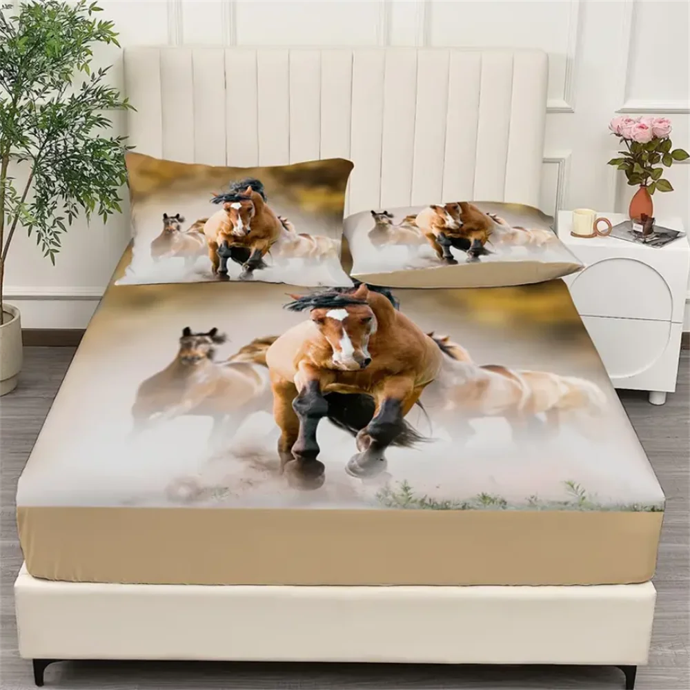 

2/3pcs Vibrant Horse Natural Animal Sand Print Fitted Sheet Set - Soft 100% Polyester Material, Breathable, Hypoallergenic